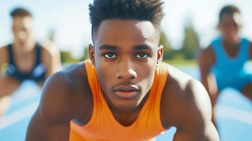 Focused athletes in starting position on a blue track, showcasing determination and readiness for a sprint race in a competitive setting