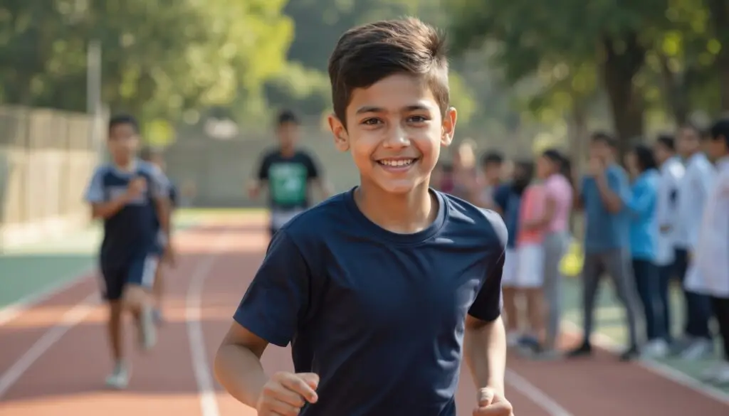 Young Indian boy in sportswear runs on a track at school. His classmates cheer him on from the sidelines. The scene captures the energy and joy of, youth sports and healthy active lifestyles.