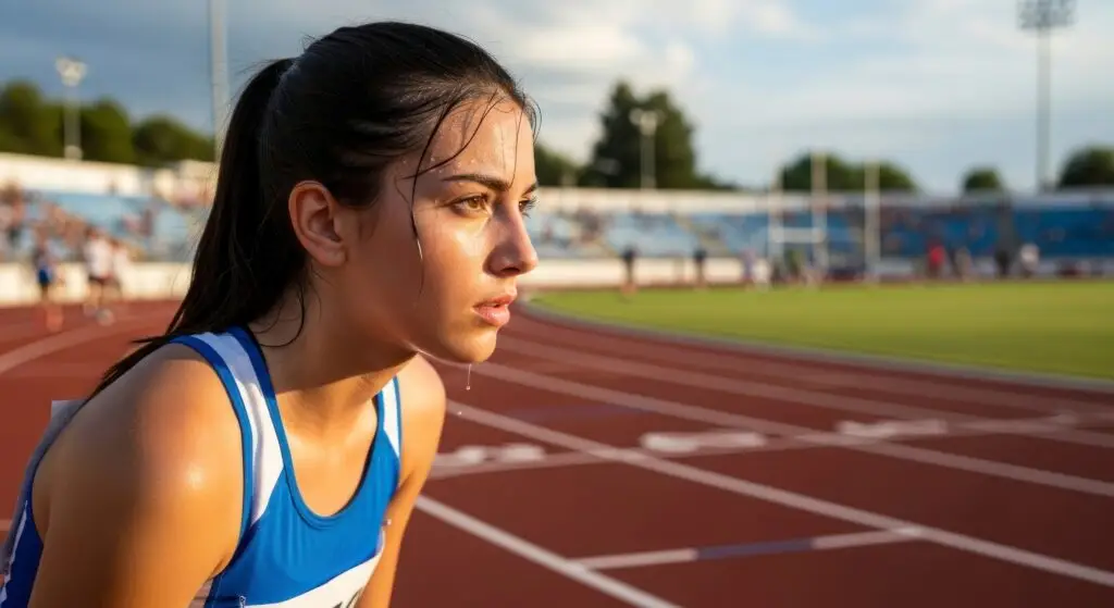 A determined young female athlete, sweat glistening on her skin, stares forward with intense focus before a race on a sunlit stadium track.