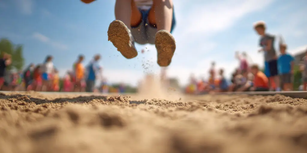 Boy in mid-air during a long jump competition on a sunny day